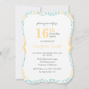 Aqua and Yellow Floral Pattern Birthday Party Kaart