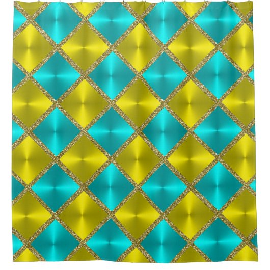 Aqua and Yellow Metallic look Squares met Gold Douchegordijn (Voorkant)