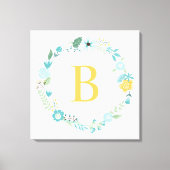 Aqua and Yellow Monogrammed Floral Wreath Canvas Afdruk (Voorkant)