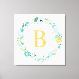 Aqua and Yellow Monogrammed Floral Wreath Canvas Afdruk