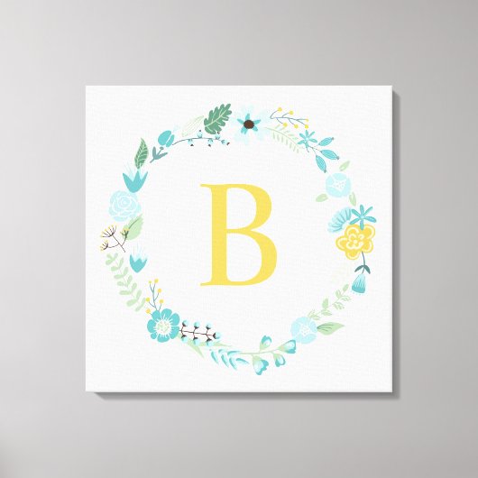 Aqua and Yellow Monogrammed Floral Wreath Canvas Afdruk (Voorkant)