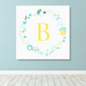 Aqua and Yellow Monogrammed Floral Wreath Canvas Afdruk (Insitu (Houten vloer))