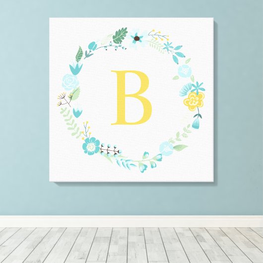 Aqua and Yellow Monogrammed Floral Wreath Canvas Afdruk (Insitu (Houten vloer))