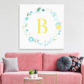 Aqua and Yellow Monogrammed Floral Wreath Canvas Afdruk (Insitu (Woonkamer))