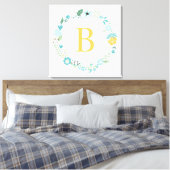 Aqua and Yellow Monogrammed Floral Wreath Canvas Afdruk (Insitu (Slaapkamer))