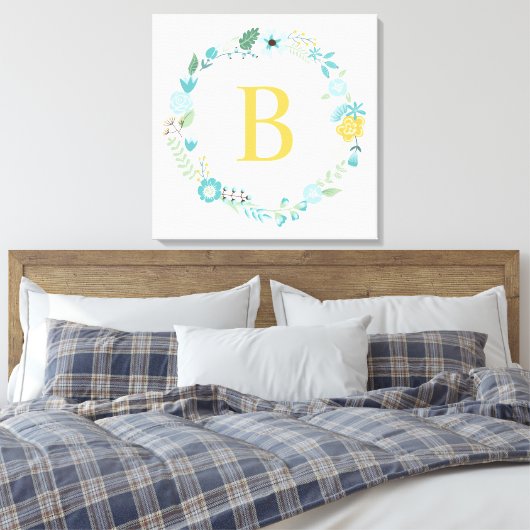 Aqua and Yellow Monogrammed Floral Wreath Canvas Afdruk (Insitu (Slaapkamer))