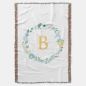 Aqua and Yellow Monogrammed Floral Wreath Deken (Voorkant Verticaal)