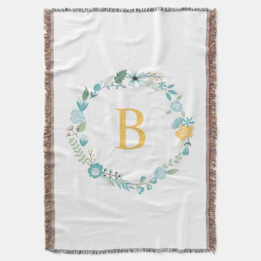 Aqua and Yellow Monogrammed Floral Wreath Deken (Voorkant Verticaal)