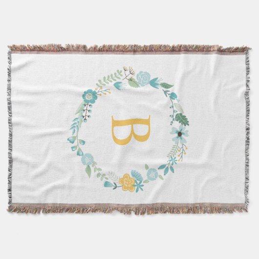 Aqua and Yellow Monogrammed Floral Wreath Deken (Voorkant)