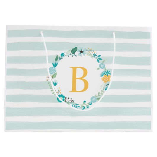 Aqua and Yellow Monogrammed Floral Wreath Large Cadeautasje (Achterkant)