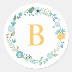 Aqua and Yellow Monogrammed Floral Wreath Ronde Sticker