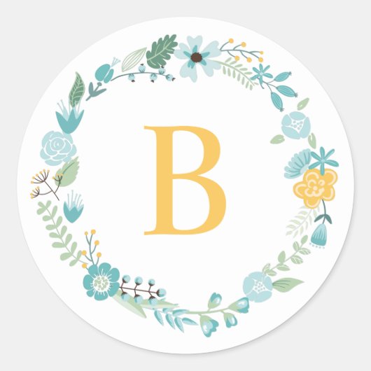Aqua and Yellow Monogrammed Floral Wreath Ronde Sticker (Voorkant)