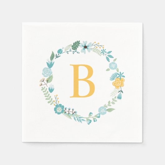 Aqua and Yellow Monogrammed Floral Wreath Servet (Voorkant)