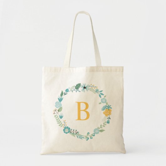 Aqua and Yellow Monogrammed Floral Wreath Tote Bag (Voorkant)
