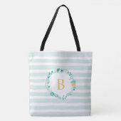 Aqua and Yellow Monogrammed Floral Wreath Tote Bag (Voorkant)