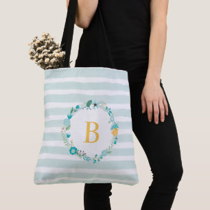 Aqua and Yellow Monogrammed Floral Wreath Tote Bag