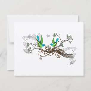 Aqua & Appelgroene Vintage Liefdesvogels Huwelijks RSVP Kaartje
