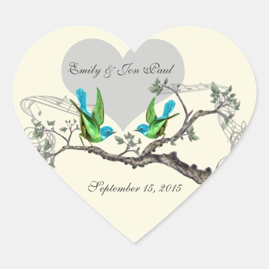 Aqua & Appelgroene Vintage Vogels Trouwstickers Hart Sticker (Voorkant)