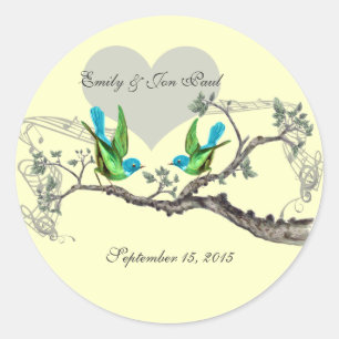 Aqua & Appelgroene Vintage Vogels Trouwstickers Ronde Sticker