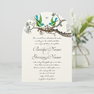 Aqua & Apple Green Vintage Birds Wedding Invite Kaart