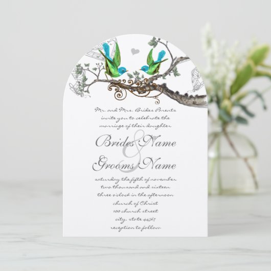 Aqua & Apple Green Vintage Birds Wedding Invite Kaart (Staand voorkant)