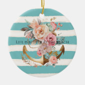 Aqua Aquarel Strand Strepen Goud Bloemen Anker Keramisch Ornament (Voorkant)