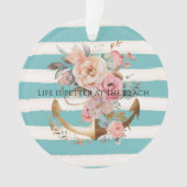 Aqua Aquarel Strand Strepen Goud Bloemen Anker Ornament (voorkant)