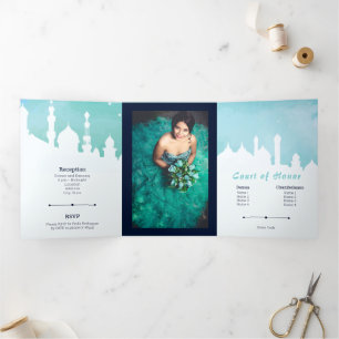 Aqua Arabian Nights Waterverf Quinceañera Tri-Fol Drieluik Uitnodiging