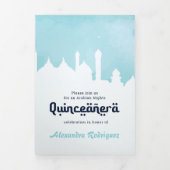 Aqua Arabian Nights Waterverf Quinceañera Tri-Fol Drieluik Uitnodiging (Cover)