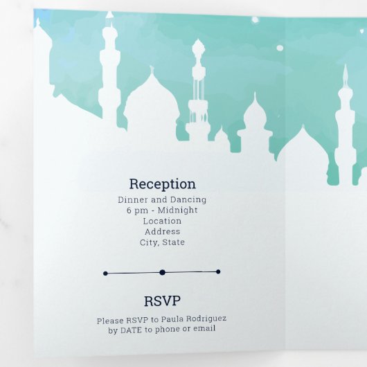 Aqua Arabian Nights Waterverf Quinceañera Tri-Fol Drieluik Uitnodiging (Binnenzijde eerst)