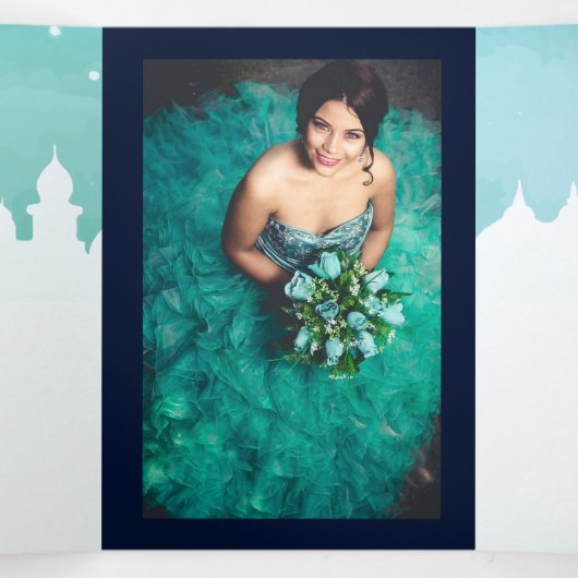 Aqua Arabian Nights Waterverf Quinceañera Tri-Fol Drieluik Uitnodiging (Binnenkant midden)