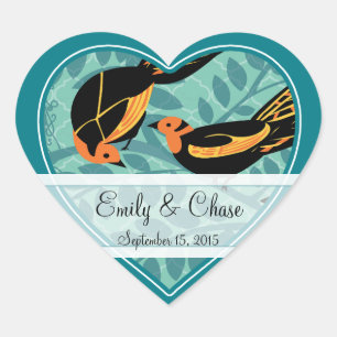 Aqua Art Deco Liefdesvogels zittend in een boom Br Hart Sticker