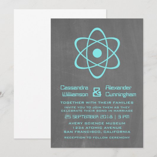 Aqua Atomic Chalkboard Wedding Invite Kaart (Voorkant / Achterkant)