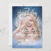 Aqua Baby Blue Triple Glitter Ombre Foto Verjaarda Kaart (Voorkant)