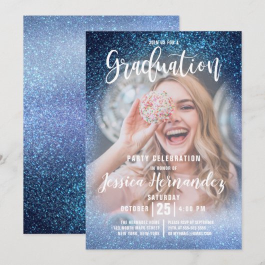 Aqua Baby Blue Triple Glitter Photo Afstuderen Kaart (Voorkant / Achterkant)
