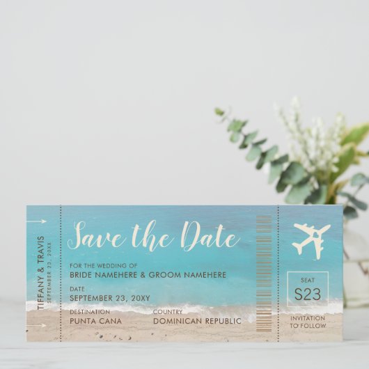 Aqua Beach Boarding Pass Ticket Save the Date Kaar Aankondiging (Staand voorkant)