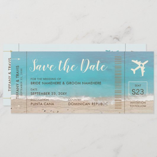 Aqua Beach Boarding Pass Ticket Save the Date Kaar Aankondiging (Voorkant / Achterkant)