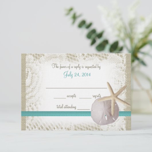 Aqua Beach Burlap and Lace Beantwoorden RSVP Kaartje (Staand voorkant)