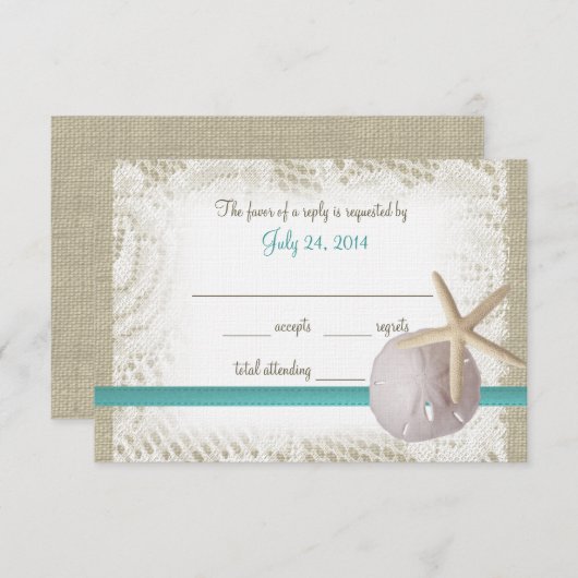 Aqua Beach Burlap and Lace Beantwoorden RSVP Kaartje (Voorkant / Achterkant)