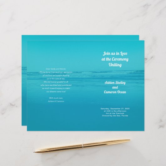 Aqua Beach Ceremony Folded Wedding Program (Voorkant / Achterkant in situ)