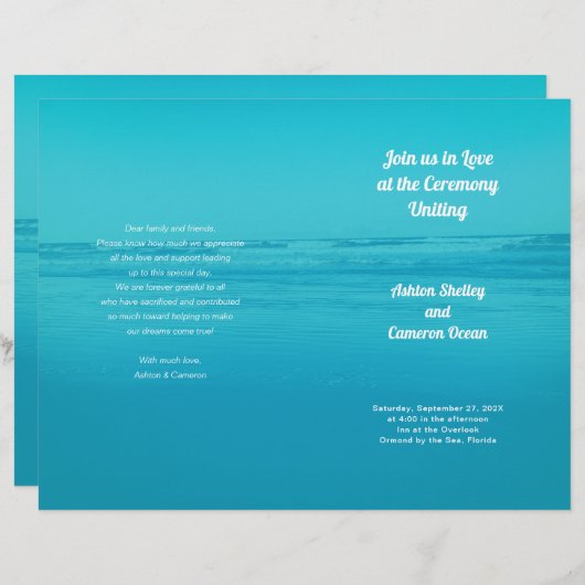 Aqua Beach Ceremony Folded Wedding Program (Voorkant / Achterkant)