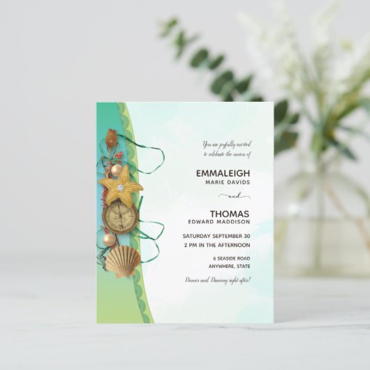 Aqua Beach Shells Starfish Compass Wedding (Staand voorkant)
