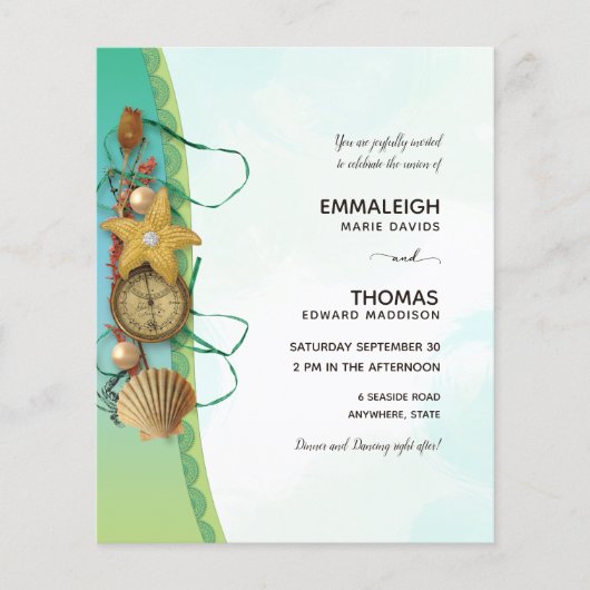 Aqua Beach Shells Starfish Compass Wedding (Voorkant)