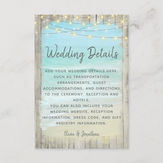 Aqua Beach String Lights Rustic Wedding Details Informatiekaartje (Voorkant)