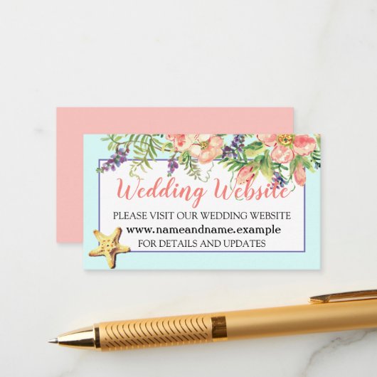 Aqua Beach Wedding Floral Seashells Pearl Website Informatiekaartje (Voorkant / Achterkant in situ)