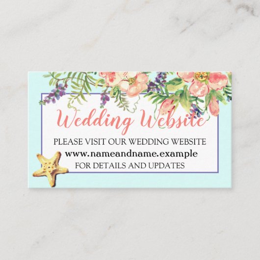 Aqua Beach Wedding Floral Seashells Pearl Website Informatiekaartje (Voorkant)