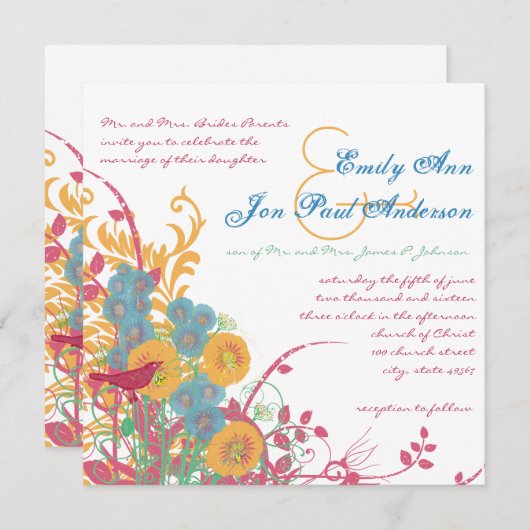 Aqua Beeswax Raspberry Wild Flower Bird Wedding Kaart (Voorkant / Achterkant)