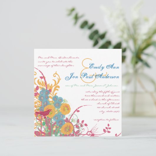 Aqua Beeswax Raspberry Wild Flower Bird Wedding Kaart (Staand voorkant)
