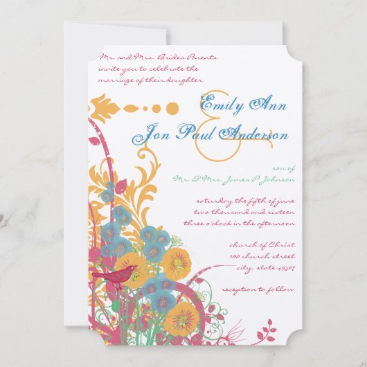 Aqua Beeswax Raspberry Wild Flower Bird Wedding Kaart (Voorkant)