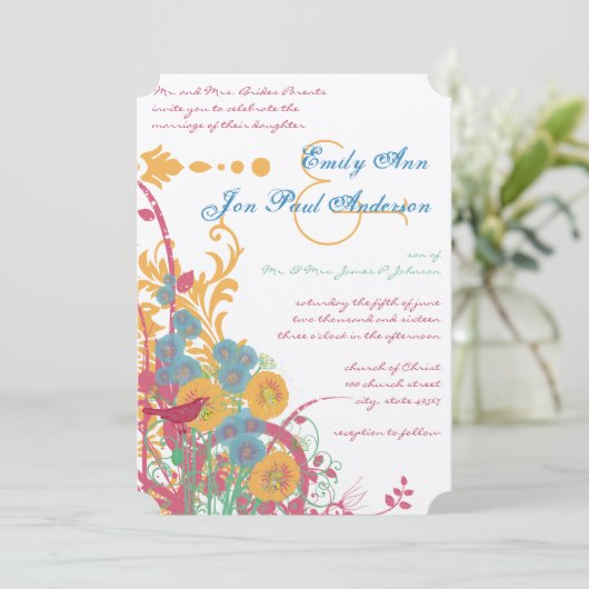 Aqua Beeswax Raspberry Wild Flower Bird Wedding Kaart (Staand voorkant)